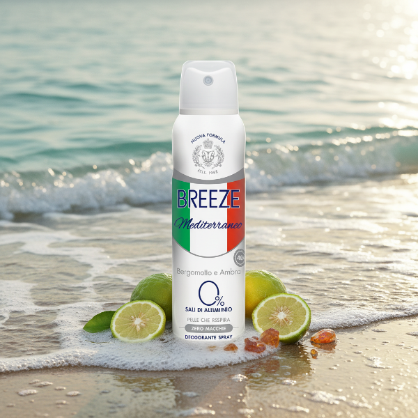 BREEZE MEDITERRANEO BERGAMOTTO E AMBRA 0% SALI DI ALLUMINIO PELLE CHE RESPIRA ZERO MACCHIE DEODORANTE SPRAY 150ML