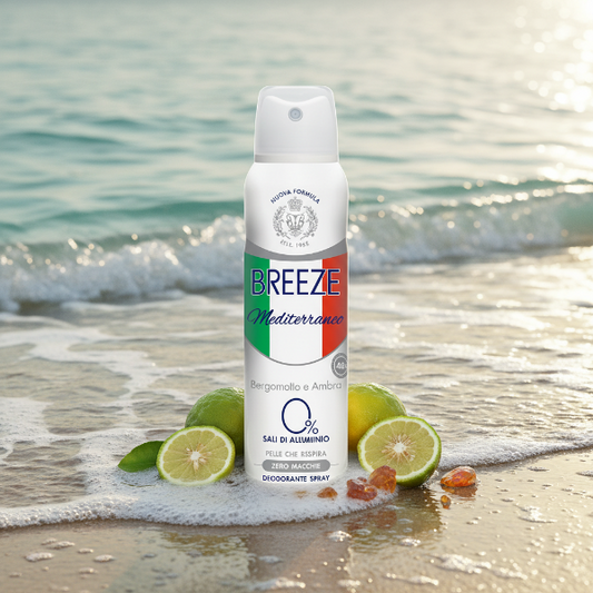 BREEZE MEDITERRANEO BERGAMOTTO E AMBRA 0% SALI DI ALLUMINIO PELLE CHE RESPIRA ZERO MACCHIE DEODORANTE SPRAY 150ML