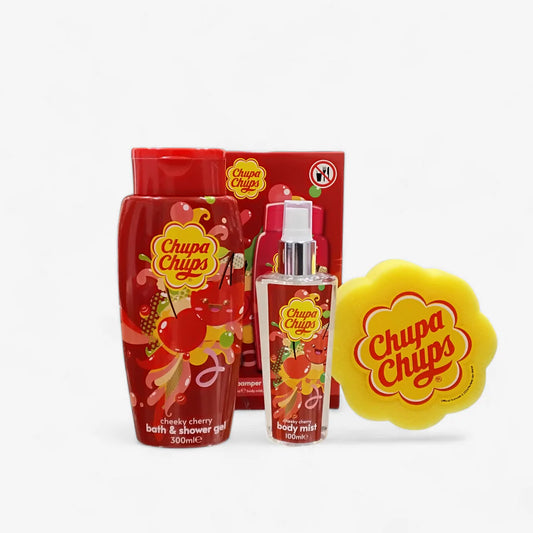 CONFEZIONE CHUPA CHUPS GEL BAGNO E DOCCIA, PROFUMO CORPO, SPUGNA ALLA CILIEGIA